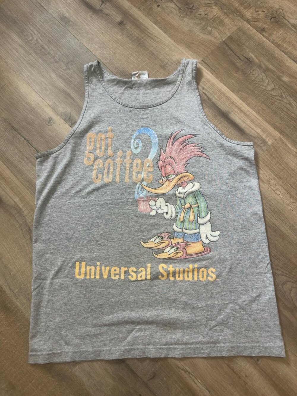 Vintage 90s Woody Woodpecker Tank Top Got Coffee Universal Studios Mens XL Gray